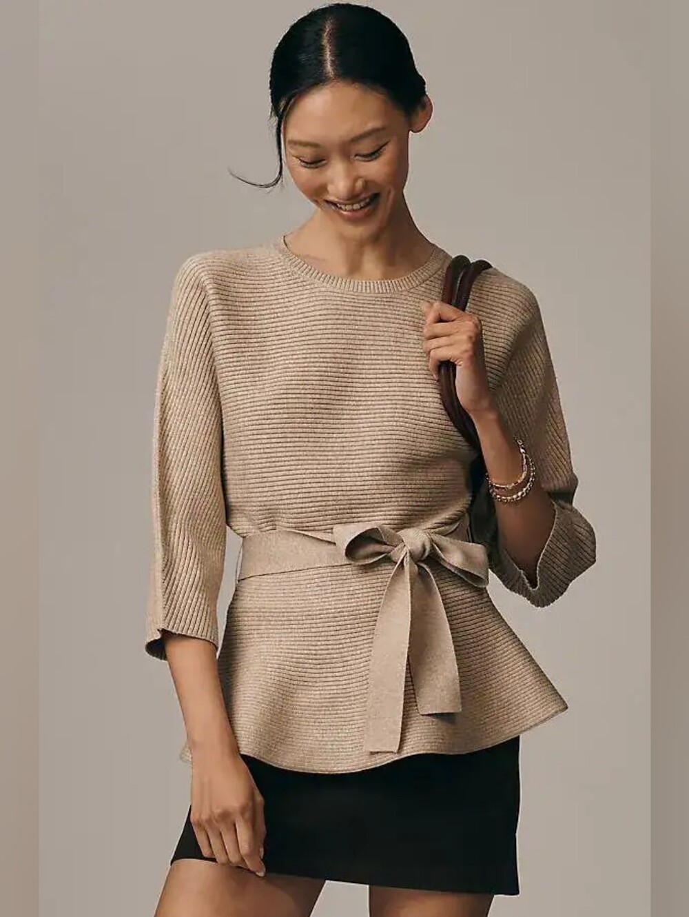 Maeve Anthropologie Ribbed Belted Sweater Taupe XL